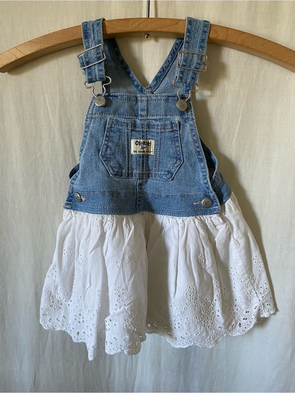 OshKosh B'gosh Blue Denim and White Eyelet Overall Skirt Dress - 18 month